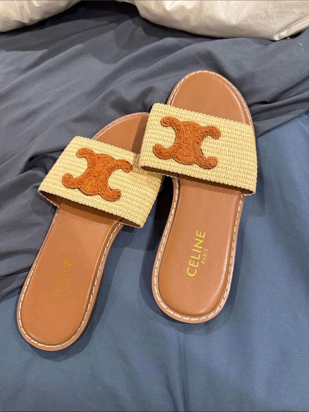 Celine Tan Leather & Beige Raffia Slide Sandals with Brown Logo